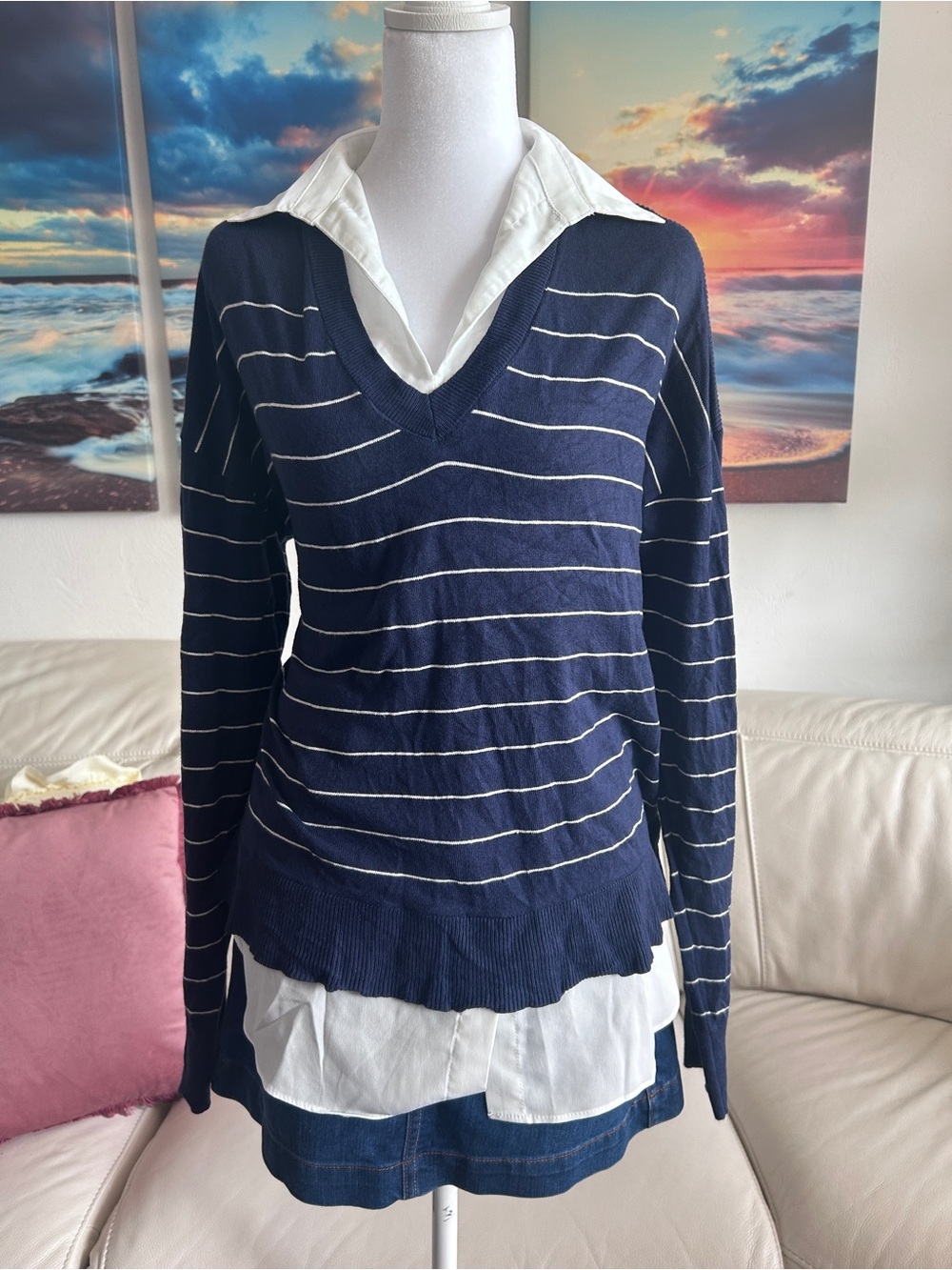 Hilary Radley Navy and White Striped V-Neck Layering Sweater